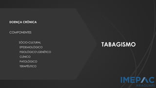 TABAGISMO
DOENÇA CRÔNICA
COMPONENTES
 SÓCIO-CULTURAL
 EPIDEMIOLÓGICO
 FISIOLÓGICOGENÉTICO
 CLÍNICO
 PATOLÓGICO
 TERAPÊUTICO
 