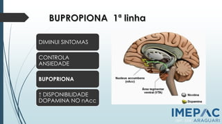DIMINUI SINTOMAS
CONTROLA
ANSIEDADE
BUPOPRIONA
↑ DISPONIBILIDADE
DOPAMINA NO nAcc
PCNT, 2011
SBPT, 2008
 