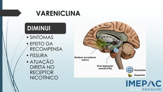 DIMINUI
• SINTOMAS
• EFEITO DA
RECOMPENSA
• FISSURA
• ATUAÇÃO
DIRETA NO
RECEPTOR
NICOTÍNICO
PCNT, 2011
SBPT, 2008
 
