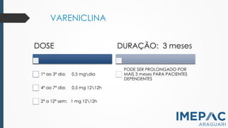 VARENICLINA
DOSE
1º ao 3º dia: 0,5 mgdia
4º ao 7º dia: 0,5 mg 1212h
2ª a 12ª sem: 1 mg 1212h
DURAÇÃO: 3 meses
PODE SER PROLONGADO POR
MAIS 3 meses PARA PACIENTES
DEPENDENTES
 