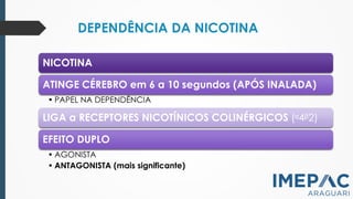 DEPENDÊNCIA DA NICOTINA
NICOTINA
ATINGE CÉREBRO em 6 a 10 segundos (APÓS INALADA)
• PAPEL NA DEPENDÊNCIA
LIGA a RECEPTORES NICOTÍNICOS COLINÉRGICOS (ᵅ4ᵝ2)
EFEITO DUPLO
• AGONISTA
• ANTAGONISTA (mais significante)
 
