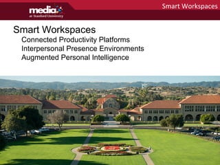 Smart Workspaces
Connected Productivity Platforms
Interpersonal Presence Environments
Augmented Personal Intelligence
Smart	
  Workspaces	
  
 