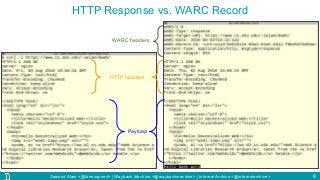 Sawood Alam <@ibnesayeed> | Wayback Machine <@waybackmachine> | Internet Archive <@internetarchive>
HTTP Response vs. WARC Record
8
HTTP headers
Payload
WARC headers
 