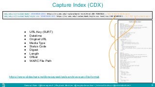 Sawood Alam <@ibnesayeed> | Wayback Machine <@waybackmachine> | Internet Archive <@internetarchive> 9
Capture Index (CDX)
edu,odu,cs)/~salam/dweb/ 20180802012013 https://cs.odu.edu/~salam/dweb/ text/html 200 P2RBRGLK… 921 0 hello-dweb.warc
edu,odu,cs)/~salam/dweb/style.css 20180802012013 https://cs.odu.edu/~salam/dweb/style.css text/css 200 NOWM53D5… 427 922 hello-dweb.warc
● URL Key (SURT)
● Datetime
● Original URL
● Media Type
● Status Code
● Digest
● Length
● Offset
● WARC File Path
https://www.slideshare.net/ibnesayeed/web-archive-warc-file-format
 