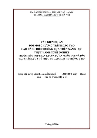 1
ỦY BAN NHÂN DÂN THÀNH PHỐ HÀ NỘI
TRƢỜNG CAO ĐẲNG Y TẾ HÀ NỘI
VĂN KIỆN DỰ ÁN
ĐỔI MỚI CHƢƠNG TRÌNH ĐÀO TẠO
CAO ĐẲNG ĐIỀU DƢỠNG DỰA TRÊN NĂNG LỰC
THỰC HÀNH NGHỀ NGHIỆP
THUỘC TIỂU HỢP PHẦN 1.2 CỦA DỰ ÁN “GIÁO DỤC VÀ ĐÀO
TẠO NHÂN LỰC Y TẾ PHỤC VỤ CẢI CÁCH HỆ THỐNG Y TẾ”
Đƣợc phê quyệt kèm theo quyết định số /QĐ-BYT ngày tháng
năm của Bộ trƣởng Bộ Y tế
Tháng 6/2016
 