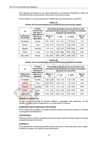 NTE CE.010 PAVIMENTOS URBANOS


         valor depende del tiempo en que estos materiales se encuentran expuestos a niveles de
         humedad cercana a la saturación y del tiempo en que drena el agua.

         En las Tablas A1 y A2 se presentan los coeficientes recomendados por la AASHTO

                                            TABLA A1
                 Valores de Cd recomendados por la AASHTO para pavimentos rígidos.

                              Tiempo           Porcentaje de tiempo en que la estructura del
               Cd          transcurrido      pavimento estará expuesta a niveles de humedad
                            para que el                  cercanas a la saturación
                          suelo libere el
           Calificación     50% de su        Menos a                                     Más de
                                                            1 - 5%        5 - 25%
           del drenaje       agua libre        1%                                         25%

            Excelente         2 horas       1,25 - 1,20    1,0 - 1,15    1,15 -1,10        1,10

             Bueno             1 día        1,20 -1,15    1,15 -1,10     1,10 -1,00        1,00

             Regular        1 semana        1,15 -1,10    1,10 -1,00     1,00 - 0,90       0,90

              Pobre           1 mes         1,10 -1,00    1,00 - 0,90    0,90 - 0,80       0,80

            Muy pobre         Nunca         1,00 - 0,90   0,90 - 0,80    0,80 - 0,70       0,70

                                            TABLA A2
                 Valores de mi recomendados por la AASHTO para pavimentos flexibles

                              Tiempo           Porcentaje de tiempo en que la estructura del
               mi          transcurrido      pavimento estará expuesta a niveles de humedad
                            para que el                  cercanas a la saturación
                          suelo libere el
           Calificación     50% de su        Menos a                                     Más de
                                                            1 - 5%        5 - 25%
           del drenaje       agua libre        1%                                         25%

            Excelente         2 horas       1,40 - 1,35   1,35 -1,30     1,30 -1,20        1,20

             Bueno             1 día        1,35 - 1,25   1,25 -1,15     1,15 -1,00        1,00

             Regular        1 semana        1,25 - 1,15   1,15 - 1,05    1,00 - 0,80       0,80

              Pobre           1 mes         1,15 - 1,05   1,05 - 0,80    0,80 - 0,60       0,60

            Muy pobre         Nunca         1,05 - 0,95   0,95 - 0,75    0,75 - 0,40       0,40

         CONCRETO ASFALTICO
         Es una mezcla compuesta de cemento asfáltico y agregados bien graduados, de alta
         calidad, completamente compactada en una masa densa y uniforme.

         CONSTRUCCION PLANIFICADA POR ETAPAS
         Es la construcción de calles y avenidas colocando capas sucesivas de acuerdo a un diseño
         y cronograma preestablecidos.

         CONTRATISTA
         Persona natural o jurídica contratada para ejecutar todo o parte del trabajo según los planos
         y especificaciones del contrato.

         CONTRATO
         Es un documento o instrumento jurídico suscrito entre dos o mas partes para crear, regular,
         modificar ó extinguir una relación jurídica patrimonial.


                                                40
 