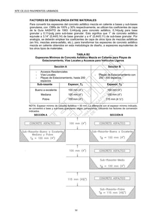 NTE CE.010 PAVIMENTOS URBANOS


         FACTORES DE EQUIVALENCIA ENTRE MATERIALES
         Para convertir los espesores del concreto asfáltico mezcla en caliente a bases y sub-bases
         granulares, con CBRs de 100% y 30% respectivamente, se utilizan los coeficientes de capa
         de la Guía AASHTO de 1993: 0,44/pulg para concreto asfáltico, 0,14/pulg para base
         granular y 0,11/pulg para sub-base granular. Esto significa que 1” de concreto asfáltico
         equivale a 3,14” (0,44/0,14) de base granular y a 4” (0,44/0,11) de sub-base granular. Por
         analogía, se deberán emplear los coeficientes de capa de otros tipos de mezclas asfálticas
         (en frío, mezclas arena-asfalto, etc.), para transformar los espesores de concreto asfáltico
         mezcla en caliente obtenidos en esta metodología de diseño, a espesores equivalentes de
         los otros tipos de materiales.

                                            TABLA B2
              Espesores Mínimos de Concreto Asfáltico Mezcla en Caliente para Playas de
                  Estacionamiento, Vías Locales y Accesos para Vehículos Ligeros

                                Sección A                                        Sección B
               -     Accesos Residenciales
               -     Vías Locales                                    -   Playas de Estacionamiento con
               -     Playas de Estacionamiento, hasta 200                200 - 500 espacios
                     espacios
                   Sub-rasante             Espesor, TA                          Espesor, TB

              Bueno a excelente             100 mm (4”)                         100 mm (4”)
                     Mediana                100 mm (4”)                         100 mm (4”)
                       Pobre                100 mm (4”)                        115 mm (4 ½”)

         NOTA: Espesor mínimo de Carpeta Asfáltica = 50 mm. La diferencia con el espesor mínimo indicado,
         se convertirá a base y sub-base granulares según corresponda, utilizando los factores de conversión
         indicados.
             SECCIÓN A                                                            SECCIÓN B




                                                  50
 