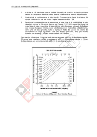 NTE CE.010 PAVIMENTOS URBANOS


         1.   Calcular el EAL de diseño para un período de diseño de 20 años. Se debe considerar
              la tasa de crecimiento anual del tráfico durante toda la vida de servicio del pavimento.
         2.   Caracterizar la resistencia de la sub-rasante. En ausencia de datos de ensayos de
              campo o laboratorio, use las Tablas F3 y F4 para estimar Mr o CBR.
         3.   Determine los requerimientos de espesor de la base. Use el Mr o el CBR de la sub-
              rasante e ingrese el EAL como dato en las Figuras F2, F3 ó F4, dependiendo de los
              materiales de base requeridos. Una porción de todo el espesor estimado de la base
              que exceda el espesor mínimo puede substituirse por un material de calidad inferior,
              como una sub-base granular. Esto se logra por medio del uso de los valores de
              equivalencia de capa siguientes: 1,75 para bases granulares, 3,40 para bases
              tratadas con asfalto y 2,50 para bases tratadas con cemento.

         Esos valores indican que 25 mm de base granular equivale a 45 mm de sub-base granular;
         25 mm de base tratada con asfalto es equivalente a 85 mm de sub-base granular; y 25 mm
         de base tratada con cemento equivale a 65 mm de sub-base granular.




                                               75
 