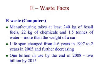 E – Waste Facts 
E-waste (Computers) 
 Manufacturing takes at least 240 kg of fossil 
fuels, 22 kg of chemicals and 1.5 tonnes of 
water – more than the weight of a car 
 Life span changed from 4-6 years in 1997 to 2 
years in 2005 and further decreasing 
 One billion in use by the end of 2008 - two 
billion by 2015 
 