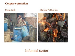 Copper extraction 
Using Acids Burning PCBs/wires 
Informal sector 
 