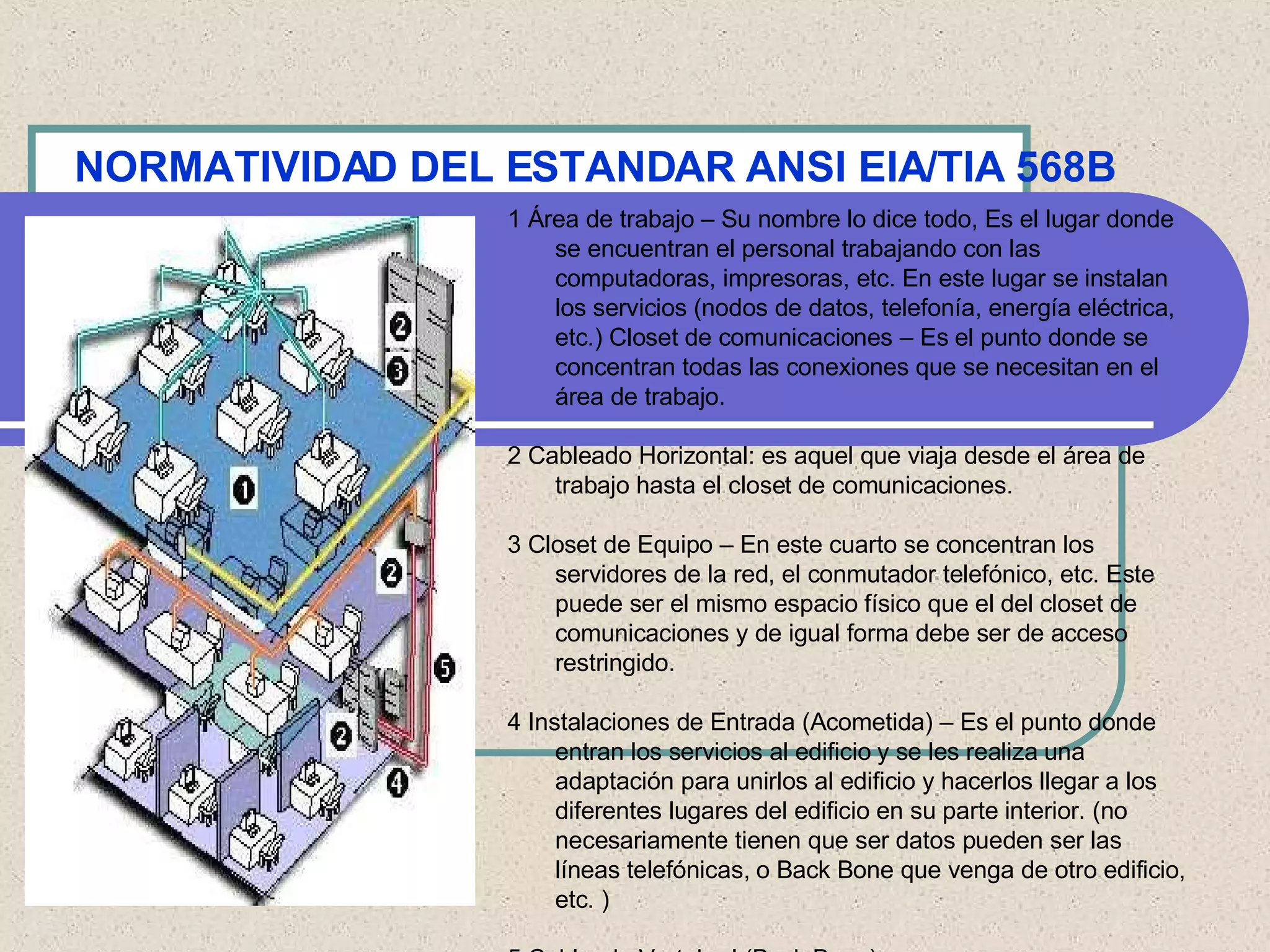 NORMATIVIDAD DEL ESTANDAR ANSI EIA/TIA 568B 1 Área de trabajo – Su nombre lo dice todo, Es el lugar donde se encuentran el personal trabajando con las computadoras, impresoras, etc. En este lugar se instalan los servicios (nodos de datos, telefonía, energía eléctrica, etc.) Closet de comunicaciones – Es el punto donde se concentran todas las conexiones que se necesitan en el área de trabajo. 2 Cableado Horizontal: es aquel que viaja desde el área de trabajo hasta el closet de comunicaciones. 3 Closet de Equipo – En este cuarto se concentran los servidores de la red, el conmutador telefónico, etc. Este puede ser el mismo espacio físico que el del closet de comunicaciones y de igual forma debe ser de acceso restringido.  4 Instalaciones de Entrada (Acometida) – Es el punto donde entran los servicios al edificio y se les realiza una adaptación para unirlos al edificio y hacerlos llegar a los diferentes lugares del edificio en su parte interior. (no necesariamente tienen que ser datos pueden ser las líneas telefónicas, o Back Bone que venga de otro edificio, etc. )   5 Cableado Vertebral (Back Bone) 