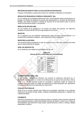NTE CE.010 PAVIMENTOS URBANOS
43
MÉTODOS DE ENSAYO PARA LA EVALUACION DE MATERIALES
Ensayos normalizados y usados para evaluar los materiales empleados en el proyecto.
MÓDULO DE RESILIENCIA O MÓDULO RESILIENTE (Mr)
Es una medida de la propiedad elástica del suelo, reconociéndole ciertas características no
lineales. El módulo de resiliencia se puede usar directamente en el diseño de pavimentos
flexibles, pero debe convertirse a módulo de reacción de la sub-rasante (valor k), para el
diseño de pavimentos rígidos o compuestos.
MÓDULO DE ROTURA (MR)
Es una medida de la resistencia a la tracción por flexión del concreto. Se determina
mediante el ensayo ASTM C78 de la viga cargada en los tercios.
MUESTRA
Es un segmento de una población seleccionado según la norma correspondiente o un
procedimiento estadístico aceptado, para representar a toda la población.
MUESTREO ALEATORIO
Una muestra tomada empleando un plan de muestreo, en el cual cada unidad del lote debe
tener la oportunidad de ser elegida.
NIVEL DE SERVICIO PSI
Es un parámetro que califica la serviciabilidad de una vía.
TABLA A4
Valores de PSI y calificación de la serviciabilidad
PSI Calificación
0,0 Intransitable
0,1 - 1,0 Muy malo
1,1 - 2,0 Malo
2,1 - 3,0 Regular
3,1 - 4,0 Bueno
4,1 - 4,9 Muy bueno
5,0 Excelente
NÚMERO ESTRUCTURAL (SN)
Es un número adimensional abstracto que expresa la resistencia estructural de un
pavimento, requerida para un número de combinaciones de soporte del suelo (MR), ESALs,
∆PSI, y mi. El SN requerido puede ser convertido a espesores reales de carpeta de
rodadura base y sub-base, por medio de coeficientes de capa apropiados que representan
la resistencia relativa de los materiales de construcción
PASAJES PEATONALES
Parte de la vía urbana ubicada entre límites de la propiedad, destinada al uso peatonal.
Pueden ser de concreto simple, asfalto, unidades intertrabadas (adoquines), o cualquier otro
material apropiado.
PAVIMENTO
Estructura compuesta por capas que apoya en toda su superficie sobre el terreno preparado
para soportarla durante un lapso denominado Período de Diseño y dentro de un rango de
Serviciabilidad. Esta definición incluye pistas, estacionamientos, aceras o veredas, pasajes
peatonales y ciclovías
 
