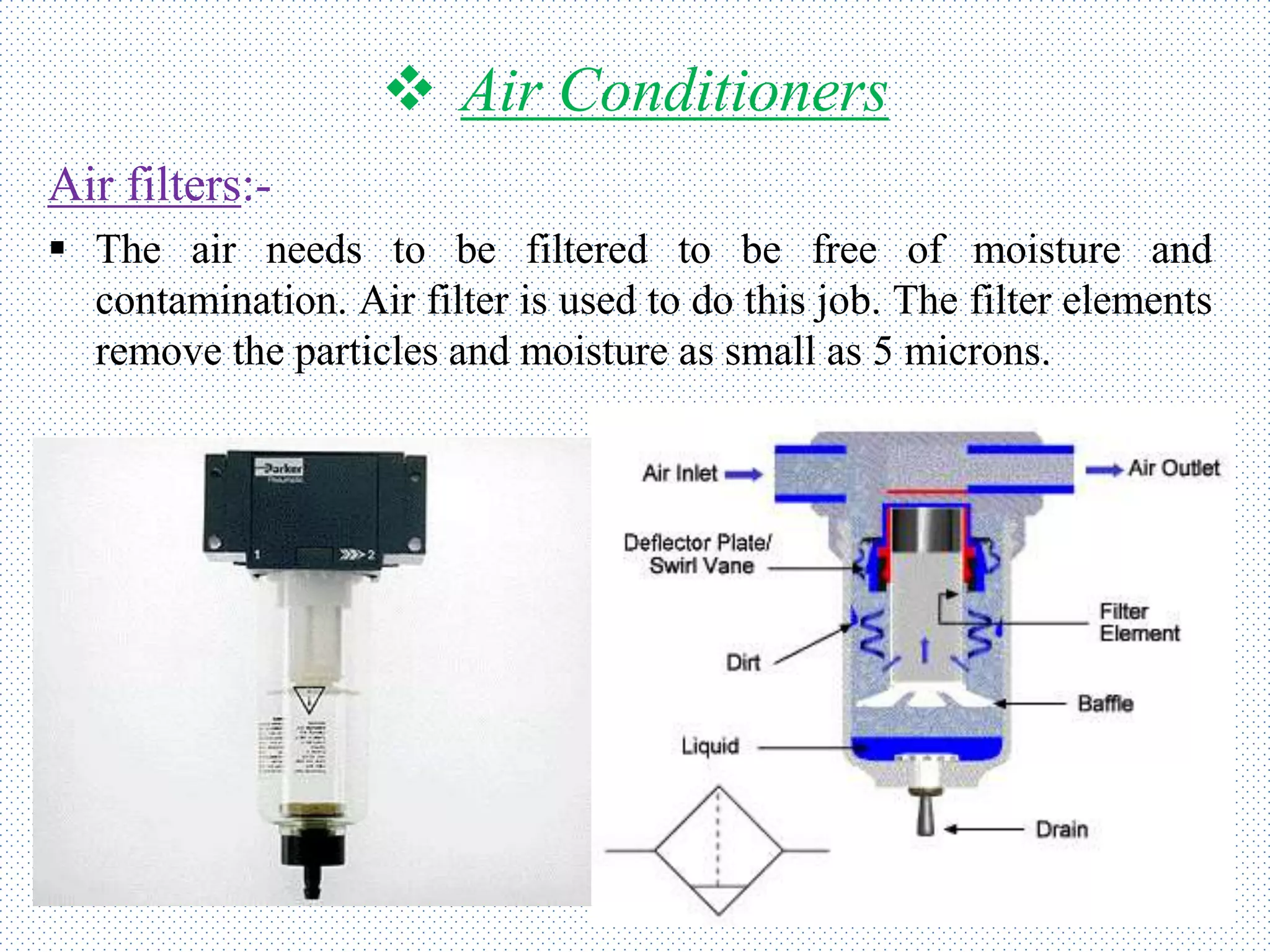  Air Conditioners
Air filters:-
 The air needs to be filtered to be free of moisture and
contamination. Air filter is used to do this job. The filter elements
remove the particles and moisture as small as 5 microns.
 