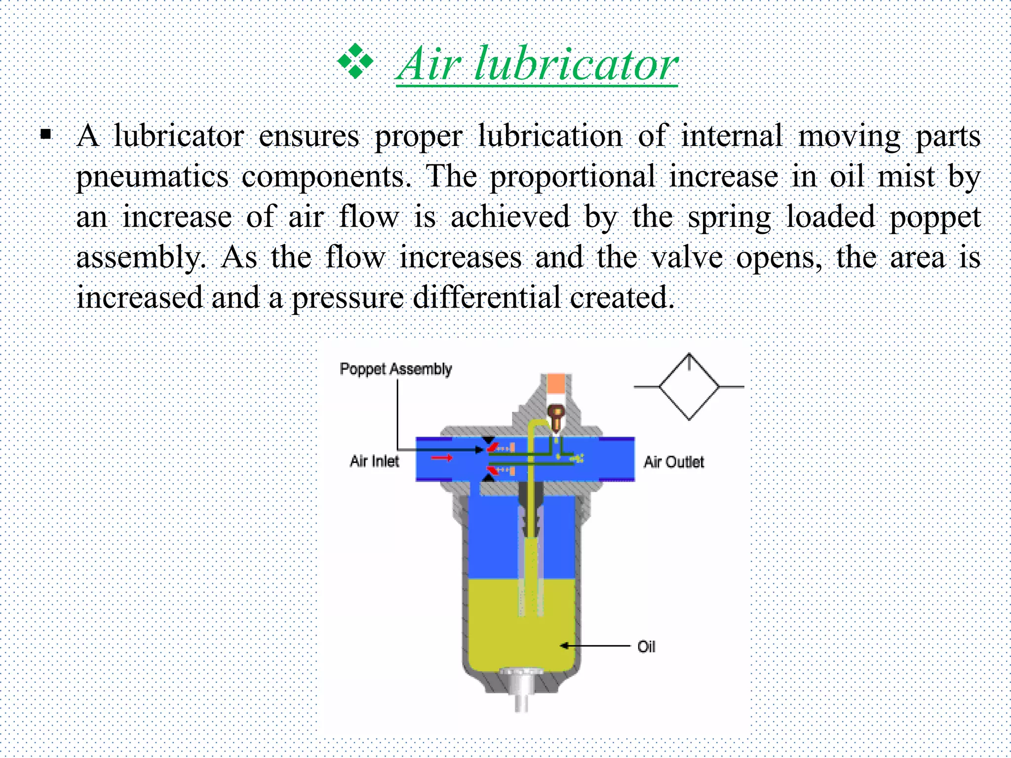  Air lubricator
 A lubricator ensures proper lubrication of internal moving parts
pneumatics components. The proportional increase in oil mist by
an increase of air flow is achieved by the spring loaded poppet
assembly. As the flow increases and the valve opens, the area is
increased and a pressure differential created.
 
