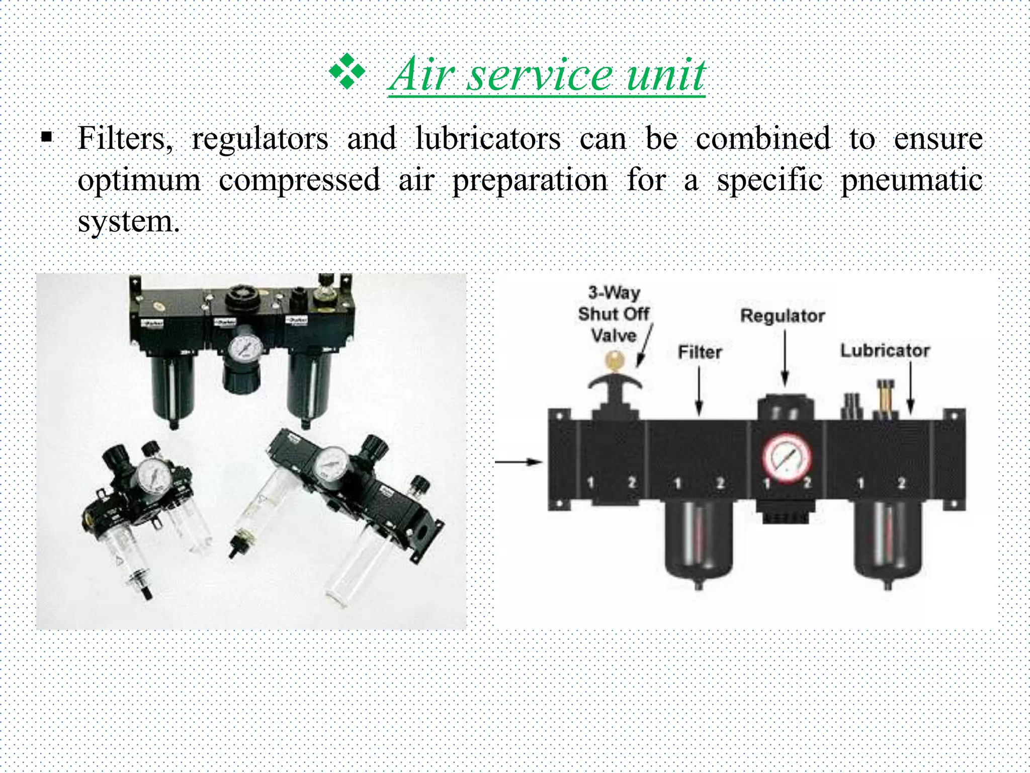  Air service unit
 Filters, regulators and lubricators can be combined to ensure
optimum compressed air preparation for a specific pneumatic
system.
 