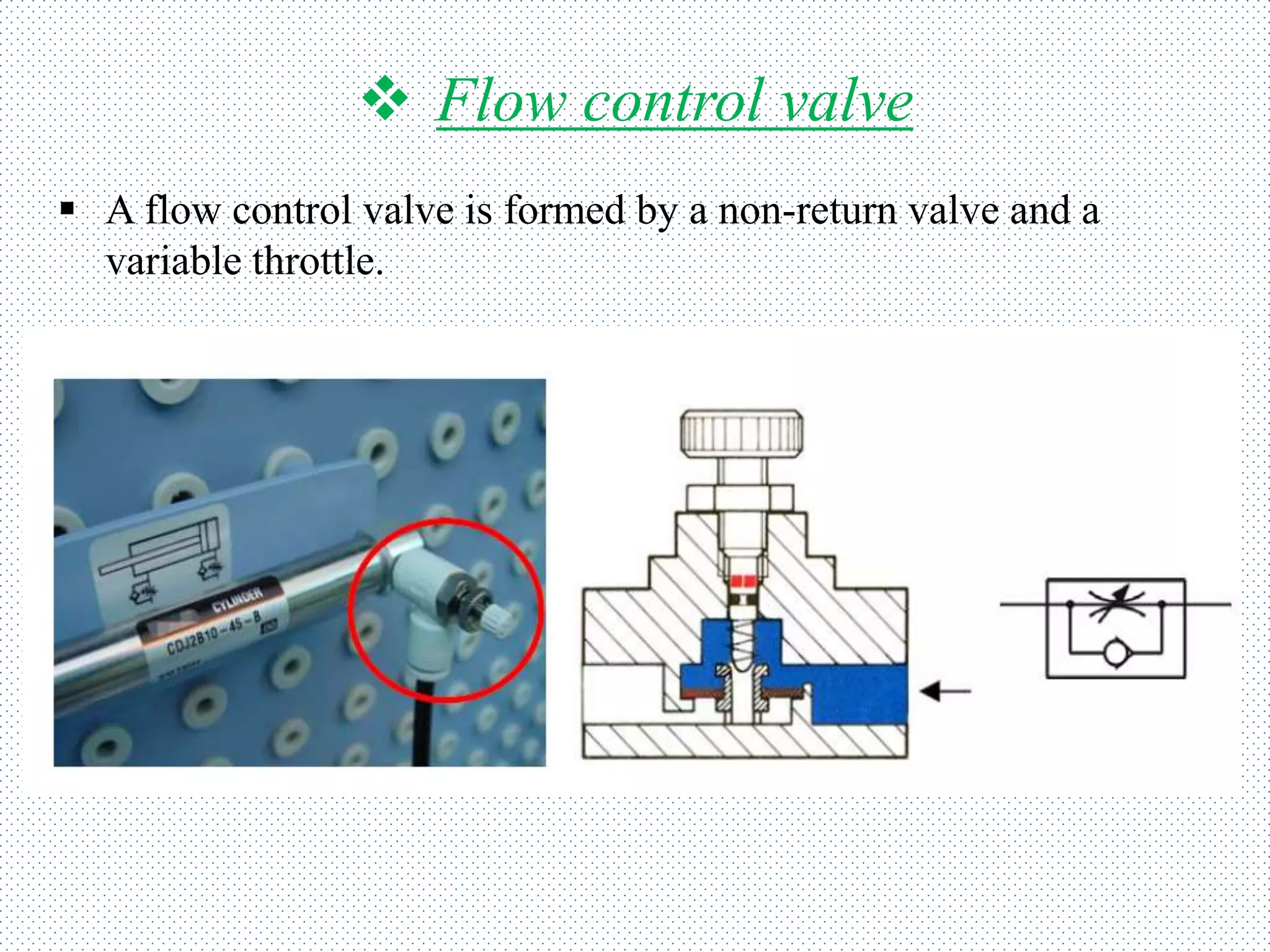  Flow control valve
 A flow control valve is formed by a non-return valve and a
variable throttle.
 