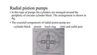 Radial pistion pumps
• in this type of pumps the cylinders are arranged around the
periphery of circular cylinder block. The arrangement is shown in
fig.
• The essential components of radial piston pump are:
-cylinder block -piston -track ring -inlet and outlet port
 