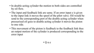 • In double acting cylinder the motion to both sides are controlled
by oil flow.
• The input and feedback link are same. If an error input e is given
to the input link it moves the spool of the pilot valve. Oil would be
send to the corresponding port of the double acting cylinder when
pressurised oil goes to double acting cylinder it moves the piston
to one side.
• This movement of the piston is feedback to the feedback link thus
an output motion of the cylinder is produced corresponding to the
error input
• Q α e
 