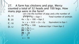 27. A farm has chickens and pigs. Mercy
counted a total of 32 heads and 100 legs. How
many pigs were in the farm?
A. 14
B. 20
C. 18
D.12
Let x be the number of pigs and y the number of
chickens
x + y = 32 → Eqn 1 Total number of animals
4x + 2y = 100 → Eqn 2
(x + y = 32)2 → 2x +2y
= 64
Equivalent to Eqn 1
4x + 2y = 100
2x + 2y =
64
Subtract Eqn 1 from Eqn 2
2x + 0y =
36
2x = 36
2 2
x = 18
 