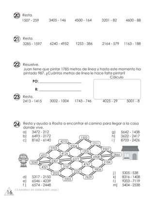 Resta y ayuda a Rosita a encontrar el camino para llegar a la casa
donde vive.
a) 3472 - 212
b) 6493 - 2172
c) 8162 - 6140
d) 5317 - 2150
e) 6546 - 4239
f ) 6574 - 2448
g) 5642 - 1438
h) 3622 - 2417
i ) 8703 - 2426
j ) 5305 - 538
k) 8316 - 1408
l ) 9203 - 7119
m) 5404 - 2538
7629
3167
2307
4767
4126
6908
2184
4221
2250
2703
6277
9806
4210
9204
1205
2866
9507
1502
1211
4321
2203
2022
3260
Resta.
1507 - 259 3405 - 146 4500 - 164 3201 - 82 4600 - 88
3285 - 1597 6240 - 4952 1253 - 386 2164 - 579 1163 - 188
Resta.
2413 - 1415 3002 - 1004 1743 - 746 4025 - 29 5001 - 8
Resta.
Juan tiene que pintar 1785 metros de línea y hasta este momento ha
pintado 987. ¿Cuántos metros de línea le hace falta pintar?
Cálculo
PO: ________________________
R: ________________________
Resuelve.
CUADERNO DE EJERCICIOS UNIDAD 3
20
22
23
21
24
16
 