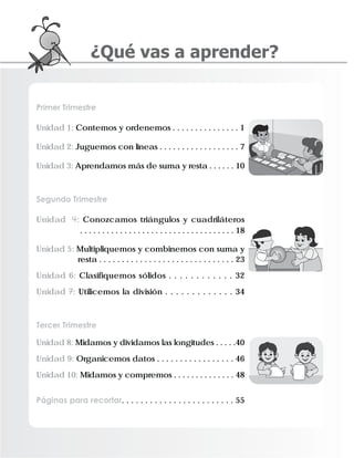 10
10
1
1
1
1
10
10
10
10
10
Primer Trimestre
Unidad 1: Contemos y ordenemos . . . . . . . . . . . . . . . 1
Unidad 2: Juguemos con líneas . . . . . . . . . . . . . . . . . . 7
Unidad 3: Aprendamos más de suma y resta . . . . . . 10
Segundo Trimestre
Unidad : Conozcamos triángulos y cuadriláteros
. . . . . . . . . . . . . . . . . . . . . . . . . . . . . . . . . . . 18
Unidad 5: Multipliquemos y combinemos con suma y
resta . . . . . . . . . . . . . . . . . . . . . . . . . . . . . . 23
Unidad 6: Clasifiquemos sólidos . . . . . . . . . . . . 32
Unidad : Utilicemos la división . . . . . . . . . . . . . 34
Tercer Trimestre
Unidad 8: Midamos y dividamos las longitudes . . . . .40
Unidad 9: Organicemos datos . . . . . . . . . . . . . . . . . 46
Unidad 10: Midamos y compremos . . . . . . . . . . . . . . 48
Páginas para recortar. . . . . . . . . . . . . . . . . . . . . . . . 55
¿Qué vas a aprender?
 