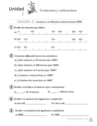Escribe los números que faltan.
Contesta utilizando las rectas anteriores.
a) ¿Qué número es 10 menos que 1000?
b) ¿Qué número es 200 menos que 1000?
c) ¿Qué número es 2 menos que 1000?
d) ¿Cuántas centenas hay en 1000?
e) ¿Cuántas decenas hay en 1000?
a) ______= 10 centenas b) ______ = 100 decenas
Escribe en números las siguientes cantidades.
a) tres mil ___________________ b) cinco mil______________________
Escribe en palabras las siguientes cantidades.
a) 8000 _____________________ b) 7000 __________________________
Escribe en la línea el número que corresponde.
Unidad Contemos y ordenemos
1
Lección 1 Leamos y escribamos números hasta 9999
111PRIMER TRIMESTRE 3º GRADO
11
12
13
14
15
a) 0 200 500 600 900800
b) 910 950 990900
c) 991 995990
980
 