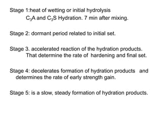 Stage 1:heat of wetting or initial hydrolysis
C3A and C3S Hydration. 7 min after mixing.
Stage 2: dormant period related to initial set.
Stage 3. accelerated reaction of the hydration products.
That determine the rate of hardening and final set.
Stage 4: decelerates formation of hydration products and
determines the rate of early strength gain.
Stage 5: is a slow, steady formation of hydration products.
 