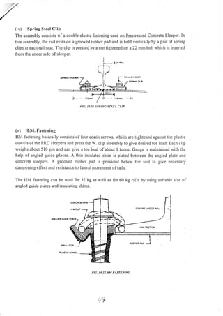 ( ir') Spring Steel Clip
The assembly consists of a double elastic fastening used on Prestressed Concrete Sleeper. In
this assembly, the rail rcsts on a grooved rlbber pad and is held venically by a pair of spring
clips at each rail seat. The clip is pressed by a nut tightened on a22 mm bolt which is inserted
fronr the under side o f sleeper.
(v) H.M. Fasten ing
HM lastening basically consists of lour coach screws, which are tightened against the plastic
dorvels of the PRC sleepers and press the W. clip assembly to give desired toe load. Each clip
weighs about 510 gm and can give a toe load of about I tome. Gauge- is maintained with the
help of angled guide places. A thin insulated shim is plated between the angled plate and
concrete sleepers. A grooved rubber pad is provided below the seat to give necessary
dampening efflect and resistance to lateral movement ofrails.
The HM f'astening can be used for 52 kg as well as for 60 kg rails by using suitable size of
angled guide plates and insulating shims.
CEN-IFIE ILNE OF R.4]L
aat 8€gl()tl
FIG, 10,22 TTM IIASTENING
L'IC. IO.2O. SPRINC STEDL CUP
':
,' .F.
 