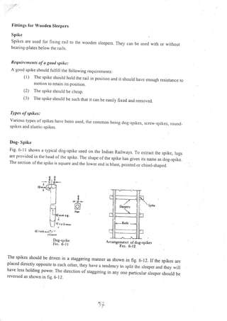 Fittings for Wooden Sleepers
Spike
Spikes are used lor fixing rail to the wooden sreepers. They can be used with or without
bearing-plates below the rails.
Rcquirtntcnts of a gootl spikc:
A good spike should fulfill the following requirements:
( l) 'I'he spike should hord rhe rair in position and it should have enough resistance to
ntotion to rctain its position.
(2) The spike should be cheap.
(3) The spike should be such thar it can be easily fixed and removed.
Types of spiAcs:
various lypes of spikes havc bcen used, t.e common being dog-spikes, screw-spikes, round-
spikes and elastic-spikes.
Dog- Spike
Fig 6-r l shows a typical dog-spike used on the Indian Rairways. To ext-ract the spike, lugs
are provided i. rhe rread ofthe spike. The shape of the spike has given its name as c10g-spike.
The section ofthe spike is square and the rower end is brunt, pointed or chisel-shaped.
,{rrangcmcnt of dos-spikes
Frc. 6-12 -
€
E
@
The spikes should be driven irr a staggering manner as shown in frg. 6-12.If the spikes are
placed directly opposite to each other, they have a rendency to sprit the sleeper and they wilr
have less holding power. The direction of staggering in uny on" particular sreeper shourd be
reverscd as shown in fig. 6_12.
1+
10 t oG nt;l.t I
-
i I ,i*
rs,,j,lt6q
,{
I
J
fl
ltl. '-ll6,nrm r9.
t-J l
| /ri,oc--
Dog-spikc
lic. 6- l I
 