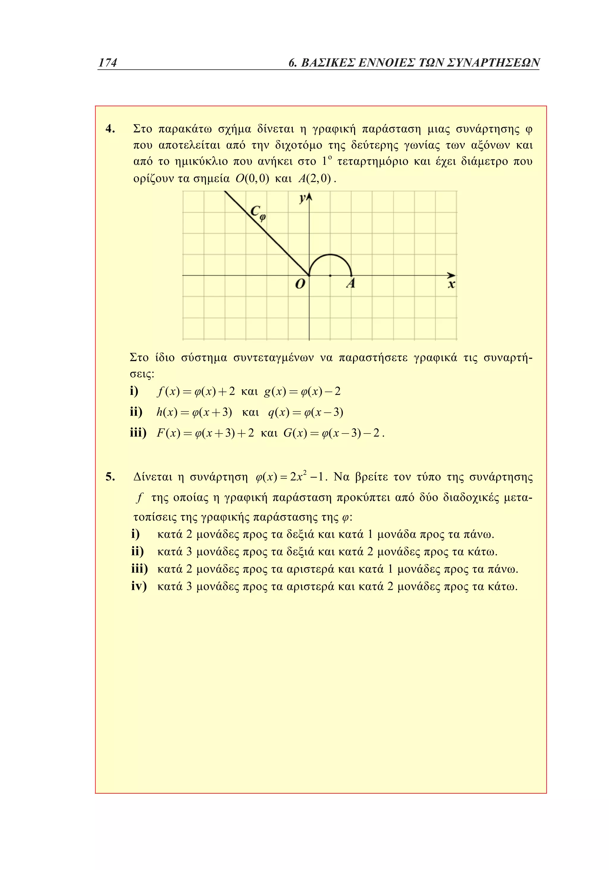 174	

4. 6. ΒΑΣΙΚΕΣ ΕΝΝΟΙΕΣ ΤΩΝ ΣΥΝΑΡΤΗΣΕΩΝ

126

4.
1
A(2, 0) .

O(0, 0)

-

i)

:
f ( x)

( x)

h( x )

iii) F ( x)

ii)

2

g ( x)

(x

3)

q( x)

(x

3)

2

( x 3)

G ( x)

2

( x)

5.

( x)

( x 3)

2.

2x2 1 .

f

i)
ii)
iii)
iv)

:
2
3
2
3

1
2

.
.
1
2

.
.

 