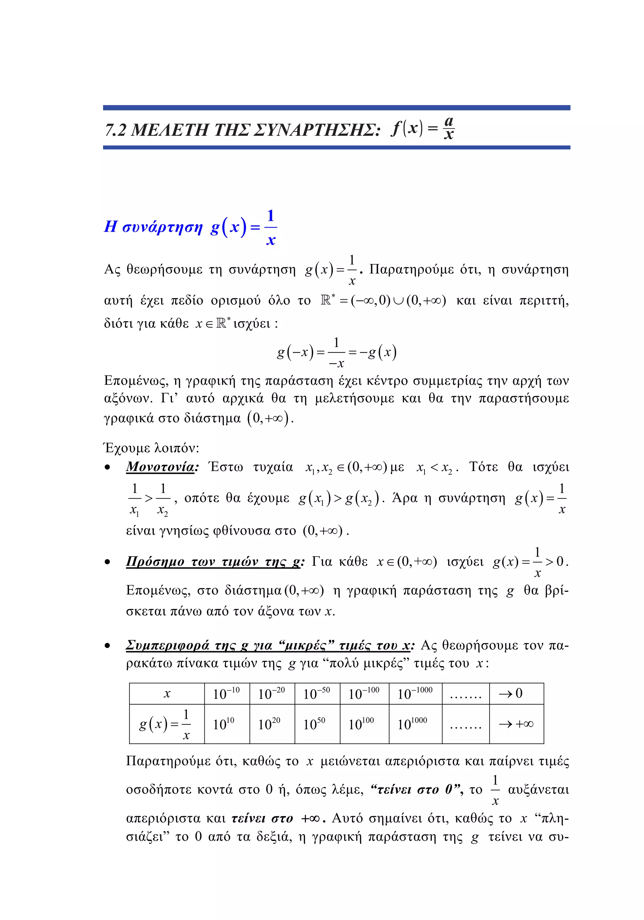 7.2 ΜΕΛΕΤΗ ΤΗΣ ΣΥΝΑΡΤΗΣΗΣ: f x
5.2
:

1
x

g x

1
.
x
( ,0)

g x

x

,

1
x

x

(0,

)

,

g x

’

0,

.

:
:
1
x1

,

:
g

.

x

x1 , x2

1
,
x2

g x1

(0,

x2 .
g x

g x2 .

g:

1
x

0.

g ( x)

x (0, + )

(0,

1
x

).

(0,

,

x1

)

g

)

-

x.
g

x

10
1
x

g x

10

1010

“

10

”
“

g

20

10

1020

50

1050

100

10100

, “

0 ,
0

10

10

-

x:
0

…….

1000

…….

101000

x

,

”

x:
”

,

.

1
x

0”,

,

g

x “

-

 