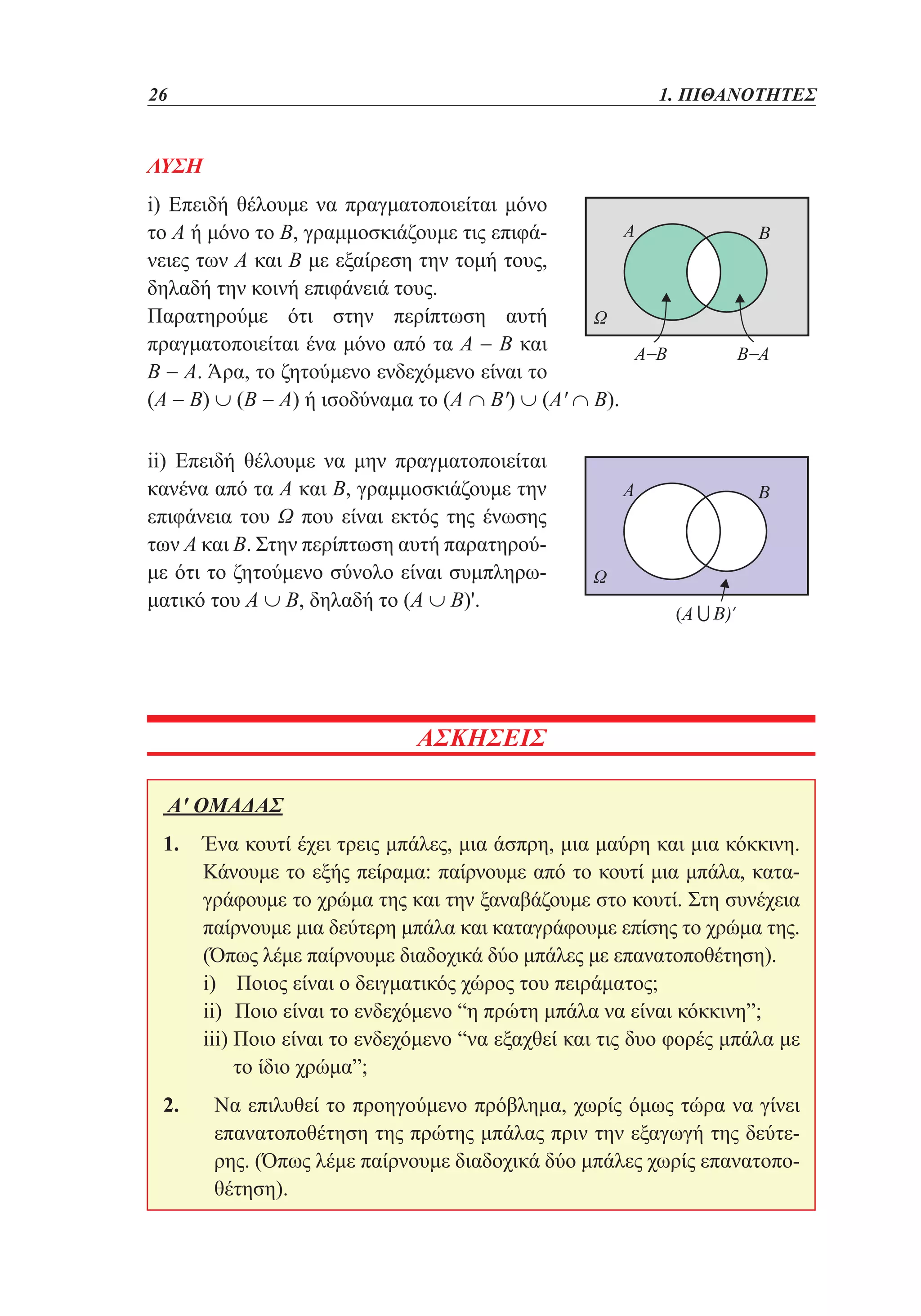 26	

1. ΠΙΘΑΝΟΤΗΤΕΣ

ΛΥΣΗ
i) Επειδή θέλουμε να πραγματοποιείται μόνο
το Α ή μόνο το Β, γραμμοσκιάζουμε τις επιφάνειες των Α και Β με εξαίρεση την τομή τους,
δηλαδή την κοινή επιφάνειά τους.
Παρατηρούμε ότι στην περίπτωση αυτή
πραγματοποιείται ένα μόνο από τα Α − Β και
Β − Α. Άρα, το ζητούμενο ενδεχόμενο είναι το
(Α − Β) ∪ (Β − Α) ή ισοδύναμα το (Α ∩ Β') ∪ (Α' ∩ Β).
ii) Επειδή θέλουμε να μην πραγματοποιείται
κανένα από τα Α και Β, γραμμοσκιάζουμε την
επιφάνεια του Ω που είναι εκτός της ένωσης
των Α και Β. Στην περίπτωση αυτή παρατηρούμε ότι το ζητούμενο σύνολο είναι συμπληρωματικό του Α ∪ Β, δηλαδή το (Α ∪ Β)'.

ΑΣΚΗΣΕΙΣ
Α' ΟΜΑΔΑΣ
1. 	
Ένα κουτί έχει τρεις μπάλες, μια άσπρη, μια μαύρη και μια κόκκινη.
Κάνουμε το εξής πείραμα: παίρνουμε από το κουτί μια μπάλα, καταγράφουμε το χρώμα της και την ξαναβάζουμε στο κουτί. Στη συνέχεια
παίρνουμε μια δεύτερη μπάλα και καταγράφουμε επίσης το χρώμα της.
(Όπως λέμε παίρνουμε διαδοχικά δύο μπάλες με επανατοποθέτηση).
	
i) Ποιος είναι ο δειγματικός χώρος του πειράματος;
	
ii) Ποιο είναι το ενδεχόμενο “η πρώτη μπάλα να είναι κόκκινη”;
	
iii) Ποιο είναι το ενδεχόμενο “να εξαχθεί και τις δυο φορές μπάλα με

το ίδιο χρώμα”;
2. 	 επιλυθεί το προηγούμενο πρόβλημα, χωρίς όμως τώρα να γίνει
Να
επανατοποθέτηση της πρώτης μπάλας πριν την εξαγωγή της δεύτερης. (Όπως λέμε παίρνουμε διαδοχικά δύο μπάλες χωρίς επανατοποθέτηση).

 