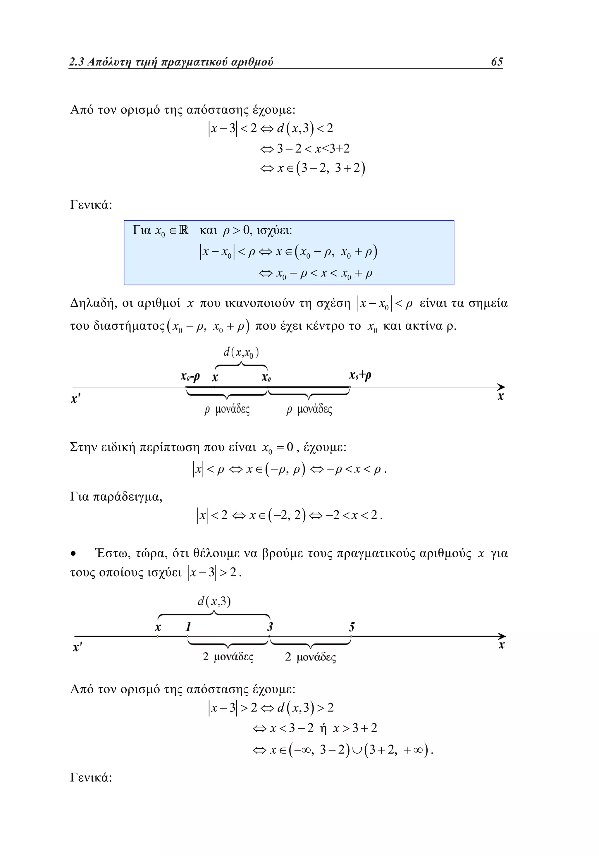 2.3 Απόλυτη τιμή πραγματικού αριθμού	
1.3

x 3

65
41

:
d x,3

2

2

3 2 x 3+2
x 3 2, 3 2
:
x0

0,

:

x x0

x

x0

, x0

x0

x

x0
x x0

x

,

x0

, x0

x0

x0

0,

:

x

,

x

x

x

.

2, 2

2 x 2.

.

,

x
,

2

x

,

x 3

2.

x 3

:
d x,3

2

2

x 3 2
x
:

x 3 2

, 3 2

3 2,

.

 