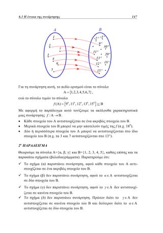 6.1
4.1 Η έννοια της συνάρτησης	

147
99

,
1, 2,3, 4,5,6,7} ,
90 , 110 , 120 , 130 , 150

f( )
f:

.
.
f ( . . 18 0).

( . .

3

7

13°).

2

={ , , }

={1, 2, 3, 4, 5},

(

).

( )

:
,

.

( )

,
.

( )

,

-

.
( )

.
.

 
