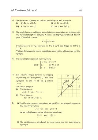6.3
4.3 Η συνάρτηση f(x) = αx+β	
f(x)= x+

165
117

4.

:
i)

B (2,3)

iii) A(2,1)

ii) A(1, 2)

B(2,1)

B ( 1,1)

A(1, 2)

iv) A(1,3)

B (2,1) .

5.

C

Celsius

F

-

Fahrenheit

C

5
( F 32)
9
0 oC 32 F

100 oC

212 F.
;

6.

:
x
f ( x)

2,
x 1,

2,

x 0
0 x
1 x

1

7.
f
y

x.

:

i)

:
f ( x) 1

ii)

x.

:
f ( x) 1

8.

f ( x)
f ( x)

x.

i)

f ( x)

x

g ( x)

1

:
x

ii)

.

1

x

1.

 