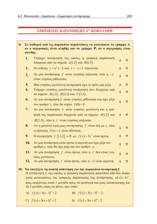 6.5 Μονοτονία - Ακρότατα - Συμμετρίες συνάρτησης	

4.5

–

185

–

137

ΕΡΩΤΗΣΕΙΣ ΚΑΤΑΝΟΗΣΗΣ 6ου ΚΕΦΑΛΑΙΟΥ

4

I)

,

,

.

1.

1,3 .

1, 2

2.

2

y

x 2

y

x 1

.

f

3.

f

,
.

4.

.

5.

1, 2 ,

6.

3, 3 .

2,1

f
f (0)

1,

7.

0.

f

1, 2

f

2,5 ,

.

8.

f
f ( x)

10.

.

f : -1,2

9.

2

f x

11.

II)

3x 2

.

– .

,
f

,

f

.

12.

1,

,

f

f

.
f.

f,

x

1

2

,

3x ,
4

-

:

) f x

3( x 1) 4

2

) f x

3( x 1) 4

2,

) f x

3( x 1) 4

2

) f x

3( x 1) 4

2

 
