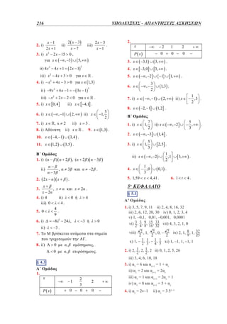 216	

ΥΠΟΔΕΙΞΕΙΣ - ΑΠΑΝΤΗΣΕΙΣ ΑΣΚΗΣΕΩΝ
213

–

2 x 3
x 1
ii)
2x 1
x 7
3. i) x 2 2 x 15 0 ,
x
, 3
5,

2. i)

ii) 4 x

2

2x 1

x

.

4x 3 0

x

1,3

9x

iii)

x2

5. i) x

6x 1

6. i) x
7. i) x

, 1
,x

ii) x

11. x

)

ii)

2

ii)

8

x

3

0

3.
.
,

x

,

P x

0

2
3
0

1,3 .

, 1

2,

.

2, 1

1
,3 .
2

ii) x

1, 2 .

B
1. i) x
2. x

ii) x

1,

7
2

ii) x

5
,
3

, 2

, 3

1, 4 .

5
3

2,5 .

1,

1
,1
2

, 2

1
,0
0,1 .
3
x 4, 41 .

.

3,

6. 1 t

4.

2
0

§ 5.1
§ 4.1
A
Α' Ομάδας
1
1.1. i) 5, 7, 9, 11 ii) 2, 4, 0, 4 32iii)
i) 3,
ii)
8, 16,
iii) 2, 6, 12, 20, 30 iv) 0, 1, 2, 3, 4
.
iv) 0,
v) 1, −0,1, 0,01, −0,001, 0,0001
2. i) 1, 2
vi)
vii) 4, 3, 2, 1, 0
ii)
, 2
2,
viii)
ix)
1,
.
iii) 1,3 iv) 0,1
xi) 1, −1, 1, −1, 1
2

.

1

3
2

x)
3. 125 , 3 , 15 .

,

§ 4.3
§ 3.3
1.

8. x

1,

4o ΚΕΦΑΛΑΙΟ
5

4

24 ,

0

,

1

o

2 .

0

0

, 2

5. 1,59

7.
8. ii)

.

4. x

.

2

3,

3
2 .

3.

6. i)

1,3 .

2 )

3

x
, x
x 2
4. i) 4
ii)
iii) 0
4.
4
5. 0
.
9

3,0

3. i) x

, (

x

3

9. x

.

3,5 .

,

2. 2x

3.

3, 4 .

1, 2

B
1. i) (

5
1,
2

0

.

7. i) x

ii) x

ii) x

4, 1

.

2

0

3,

6. x

2

4,1 .

2,

2

1

3,1

5. x

x

ii) x

8. i)
10. x

3x 1

2x 2 0

0, 4

2
0

4. x

4x 3 0

ii)

x

3. x

2

x2
2

2.

P x

2

iii) x
4. i)

4x 1

2x 3
.
x 1

iii)

x ii) 0, 1, 2, 5, 26 4,5,8,10 .
2 ,x
ii)
2.4. i) f x
i)
5 . i) x 3 ii)
iii) x 2 x
2
iii) 3, 4, 6, 10, 18
3. § 4.2= 6 και αν+1 = 1 + αν
i) α1
A α = 2 και α = 2α
ii) 1
ν+1
ν
2. 2 x 5
1 y 6.
iii) α1 = 1 και αν+1 = 2αν + 1
3. i) 1, 3
ii) 1,3
iii) 3, 1
iv) α1 = 8 και αν+1 = 5 + αν
iv) 1, 3 .
4. i) αν = 2ν−1 ii) αν = 3.5ν−1
4. i) 2 5
ii) 5
iii) 4
iv) 5 .

.

 