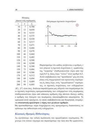 30	

Πίνακας
ρίψεων ενός νομίσματος
ν
κ
ƒκ
10
7
0,700
20
13
0,650
30
16
0,533
40
23
0,575
50
26
0,520
60
31
0,517
70
33
0,471
80
39
0,488
90
43
0,478
100
46
0,460
110
53
0,482
120
61
0,508
130
66
0,508
140
70
0,500
150
73
0,486
160
81
0,506
170
87
0,512
180
89
0,494
190
93
0,489
200
99
0,495

1. ΠΙΘΑΝΟΤΗΤΕΣ

Διάγραμμα σχετικών συχνοτήτων
1

Παρατηρούμε ότι καθώς αυξάνεται ο αριθμός ν
των ρίψεων η σχετική συχνότητα ƒκ εμφάνισης
της “κεφαλής” σταθεροποιείται γύρω από την
τιμή 0,5 ή, όπως λέμε “τείνει” στον αριθμό 0,5.
Αυτό επιβεβαιώνει την “προσδοκία” μας ότι στη
ρίψη ενός συμμετρικού και ομογενούς νομίσματος ή, όπως λέμε, ενός “αμερόληπτου” νομίσματος, οι σχετικές συχνότητες των ενδεχομένων
{Κ}, {Γ} είναι ίσες. Ανάλογα παραδείγματα μας οδηγούν στο συμπέρασμα ότι
οι σχετικές συχνότητες πραγματοποίησης των ενδεχομένων ενός πειράματος
σταθεροποιούνται γύρω από κάποιους αριθμούς (όχι πάντοτε ίδιους), καθώς
ο αριθμός των δοκιμών του πειράματος επαναλαμβάνεται απεριόριστα. Το
εμπειρικό αυτό εξαγόμενο, το οποίο επιβεβαιώνεται και θεωρητικά, ονομάζεται στατιστική ομαλότητα ή νόμος των μεγάλων αριθμών.
Θα προσπαθήσουμε τώρα στηριζόμενοι στις προηγούμενες διαπιστώσεις να
ορίσουμε την πιθανότητα ενός ενδεχομένου.

Κλασικός Ορισμός Πιθανότητας
Ας εξετάσουμε την ειδική περίπτωση του αμερόληπτου νομίσματος. Ρίχνουμε ένα τέτοιο νόμισμα και παρατηρούμε την όψη που θα εμφανιστεί.

 