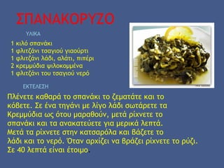ΣΠΑΝΑΚΟΡΥΖΟ
ΥΛΙΚΑ
1 κιλό σπανάκι
1 φλιτζάνι τσαγιού γιαούρτι
1 φλιτζάνι λάδι, αλάτι, πιπέρι
2 κρεμμύδια ψιλοκομμένα
1 φλιτζάνι του τσαγιού νερό
ΕΚΤΕΛΕΣΗ
Πλένετε καθαρά το σπανάκι το ζεματάτε και το
κόβετε. Σε ένα τηγάνι με λίγο λάδι σωτάρετε τα
Κρεμμύδια ως ότου μαραθούν, μετά ρίχνετε το
σπανάκι και τα ανακατεύετε για μερικά λεπτά.
Μετά τα ρίχνετε στην κατσαρόλα και βάζετε το
λάδι και το νερό. Όταν αρχίζει να βράζει ρίχνετε το ρύζι.
Σε 40 λεπτά είναι έτοιμο.
 