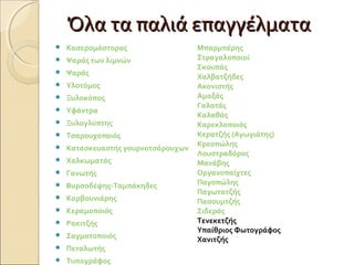 ΌΌλλαα τταα ππααλλιιάά εεππααγγγγέέλλμμαατταα 
 Κασερομάστορας 
 Ψαράς των λιμνών 
 Ψαράς 
 Υλοτόμος 
 Ξυλοκόπος 
 Υφάντρα 
 Ξυλογλύπτης 
 Τσαρουχοποιός 
 Κατασκευαστής γουρνοτσάρουχων 
 Χαλκωματάς 
 Γανωτής 
 Βυρσοδέψης-Ταμπάκηδες 
 Καρβουνιάρης 
 Κεραμοποιός 
 Ρακιτζής 
 Σαγματοποιός 
 Πεταλωτής 
 Τυπογράφος 
Μπαρμπέρης 
Στραγαλοποιοί 
Σκουπάς 
Χαλβατζήδες 
Ακονιστής 
Αμαξάς 
Γαλατάς 
Καλαθάς 
Καρεκλοποιός 
Κερατζής (Αγωγιάτης) 
Κρεοπώλης 
Λουστραδόρος 
Μανάβης 
Οργανοπαίχτες 
Παγοπώλης 
Παγωτατζής 
Πασουμτζής 
Σιδεράς 
Τενεκετζής 
Υπαίθριος Φωτογράφος 
Χανιτζής 
 