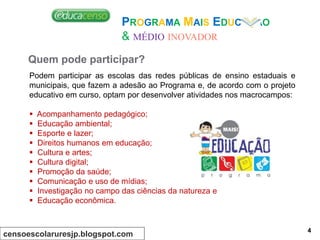 Quem pode participar?
Podem participar as escolas das redes públicas de ensino estaduais e
municipais, que fazem a adesão ao Programa e, de acordo com o projeto
educativo em curso, optam por desenvolver atividades nos macrocampos:
 Acompanhamento pedagógico;
 Educação ambiental;
 Esporte e lazer;
 Direitos humanos em educação;
 Cultura e artes;
 Cultura digital;
 Promoção da saúde;
 Comunicação e uso de mídias;
 Investigação no campo das ciências da natureza e
 Educação econômica.
PROGRAMA MAIS EDUCAÇÃO
& MÉDIO INOVADOR
censoescolaruresjp.blogspot.com
4
 