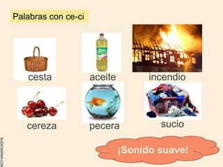 SLIDESMANIA.COM
cesta aceite incendio
cereza pecera sucio
Palabras con ce-ci
¡Sonido suave!