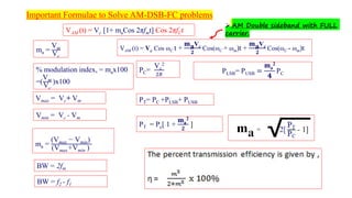 Important Formulae to Solve AM-DSB-FC problems
ma =
Vm
Vc
% modulation index, = max100
=(
Vm
Vc
)x100
Vmax = Vc+ Vm
Vmin = Vc - Vm
ma =
(Vmax − Vmin)
(Vmax+Vmin )
BW = 2fm
BW = f2 - f1
PC=
Vc
2
2𝑅
PLSB= PUSB =
ma
2
𝟒
PC
PT= PC +PLSB+ PUSB
PT = Pc[ 1 +
ma
2
𝟐
]
VAM (t) = Vc [1+ maCos 2πfmt] Cos 2πfCt
VAM (t) = Vc Cos ωC t +
maVc
𝟐
Cos(ωC + ωm)t +
maVc
𝟐
Cos(ωC - ωm)t
➢ AM Double sideband with FULL
carrier.
 