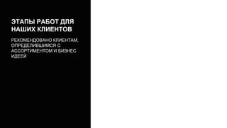 ЭТАПЫ РАБОТ ДЛЯ
НАШИХ КЛИЕНТОВ
РЕКОМЕНДОВАНО КЛИЕНТАМ,
ОПРЕДЕЛИВШИМСЯ С
АССОРТИМЕНТОМ И БИЗНЕС
ИДЕЕЙ
 