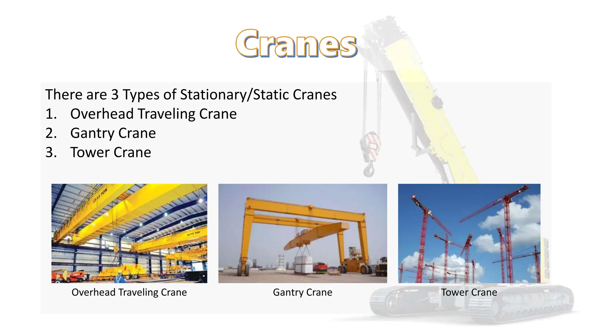 There are 3 Types of Stationary/Static Cranes
1. Overhead Traveling Crane
2. Gantry Crane
3. Tower Crane
Overhead Traveling Crane Gantry Crane Tower Crane
 