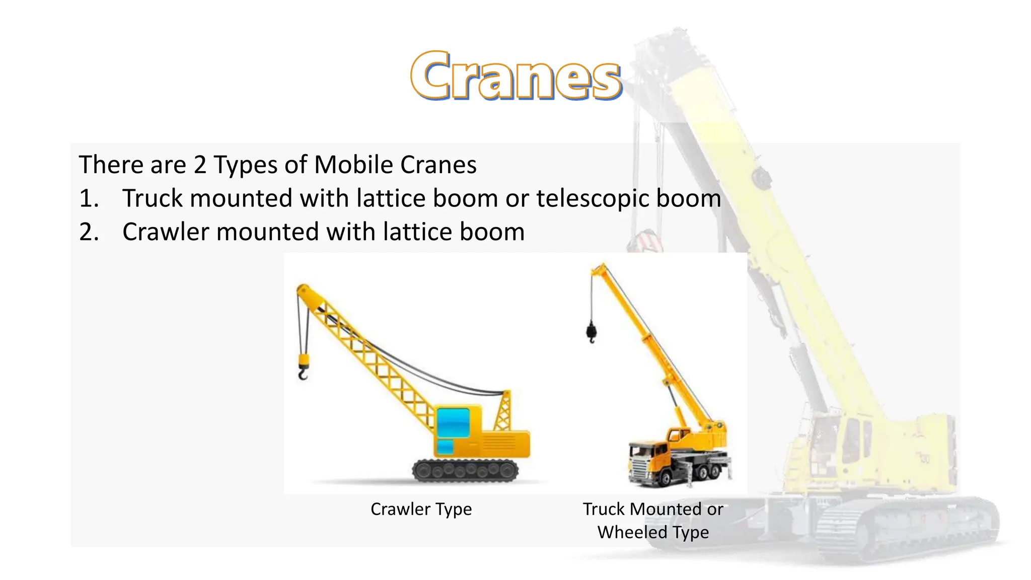 There are 2 Types of Mobile Cranes
1. Truck mounted with lattice boom or telescopic boom
2. Crawler mounted with lattice boom
Crawler Type Truck Mounted or
Wheeled Type
 