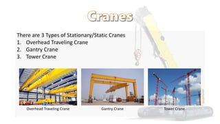 There are 3 Types of Stationary/Static Cranes
1. Overhead Traveling Crane
2. Gantry Crane
3. Tower Crane
Overhead Traveling Crane Gantry Crane Tower Crane
 