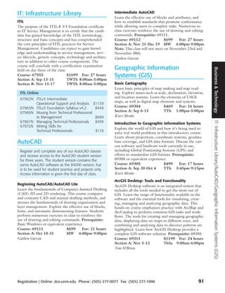 IT: Infrastructure Library                                  Intermediate AutoCAD
                                                            Learn the effective use of blocks and attributes, and
ITIL                                                        how to establish standards that promote conformance
The purpose of the ITILÆ V3 Foundation certificate          while allowing users to complete tasks. Numerous in-
in IT Service Management is to certify that the candi-      class exercises reinforce the use of drawing and editing
date has gained knowledge of the ITIL terminology,          commands. Prerequisite: 69111.
structure and basic concepts and has comprehended           Course: 69112                   $699      For: 27 hours
the core principles of ITIL practices for Service           Section A: Nov 21-Dec 19 MW 6:00pm-9:00pm
Management. Candidates can expect to gain knowl-            Note: This class will not meet on November 23rd and
edge and understanding in service management, serv-         November 30th.
ice lifecycle, generic concepts, technology and architec-   Gathen Garcia
ture in addition to other course components. The
course will conclude with a certification examination
                                                            Geographic Information




                                                                                                                         Business & Technology
held on day three of the class.
Course: 67955                    $1699 For: 27 hours        Systems (GIS)
Section A: Sep 13-15             TWTh 8:00am-5:00pm
Section B: Nov 15-17             TWTh 8:00am-5:00pm         Basic Cartography
                                                            Learn basic principles of map making and map read-
 ITIL Online                                                ing. Explore issues such as scale, declination, elevation,
 67962N ITILv3 Intermediate:                                and location systems. Learn the elements of USGS
                                                            maps, as well as digital map elements and systems.
        Operational Support and Analysis        $1139
 67965N ITILv3 Foundation Syllabus v4.2          $449       Course: 69304                  $469       For: 16 hours
                                                            Section A: Sep 6-15             TTh 1:00pm-5:00pm
 67966N Moving from Technical Professional
        to Management                            $689       Kurt Menke
 67967N Managing Technical Professionals         $499




                                                                                                                         IT: Infrastructure Library/AutoCAD/Geographic Information Systems (GIS)
                                                            Introduction to Geographic Information Systems
 67972N Writing Skills for
                                                            Explore the world of GIS and how it’s being used to
        Technical Professionals                   $119
                                                            solve real world problems in this introductory course.
                                                            Learn about projections, coordinate systems, geodata-
AutoCAD                                                     base coverage, and GIS data formats. Discuss the vari-
                                                            ous software and hardware tools currently in use,
 Register and complete any of our AutoCAD classes           including Global Positioning Systems (GPS) and
 and receive access to the AutoCAD student version          efforts to standardize GIS formats. Prerequisite:
 for three years. The student version contains the          69304 or equivalent experience.
 same AutoCAD software as the $4000 version, but            Course: 69305                 $499      For: 17 hours
 is to be used for student practice and projects only.      Section A: Sep 20-Oct 4       TTh 5:45pm-9:15pm
 Access information is given the first day of class.        Kurt Menke
                                                            ArcGIS Desktop: Tools and Functionality
Beginning AutoCAD/AutoCAD Lite                              ArcGIS Desktop software is an integrated system that
Learn the fundamentals of Computer-Assisted Drafting        includes all the tools needed to get the most out of
(CAD) 3D and 2D rendering. This course compares             GIS. Learn the range of functionality available in the
and contrasts CAD and manual drafting methods, and          software and the essential tools for visualizing, creat-
stresses the fundamentals of drawing organization and       ing, managing and analyzing geographic data. This
layer management. Explore the effective use of blocks,      hands-on course emphasizes practice with ArcMap and
fonts, and automatic dimensioning features. Students        ArcCatalog to perform common GIS tasks and work-
perform numerous exercises in class to reinforce the        flows. The tools for creating and managing geographic
use of drawing and editing commands. Prerequisite:          data, displaying data on maps in different ways, and
Basic Windows or equivalent experience.                     combining and analyzing data to discover patterns are
Course: 69111                  $699     For: 21 hours       highlighted. Learn how ArcGIS Desktop provides a
Section A: Oct 10-31           MW 6:00pm-9:00pm             complete GIS software solution. Prerequisite: 69305.
Gathen Garcia                                               Course: 69311                  $1199 For: 24 hours
                                                            Section A: Nov 5-12            ThSa 9:00am-6:00pm
                                                            Tim O’Brien




Registration | Online: dce.unm.edu Phone: (505) 277-0077 Fax: (505) 277-1990                                      91
 