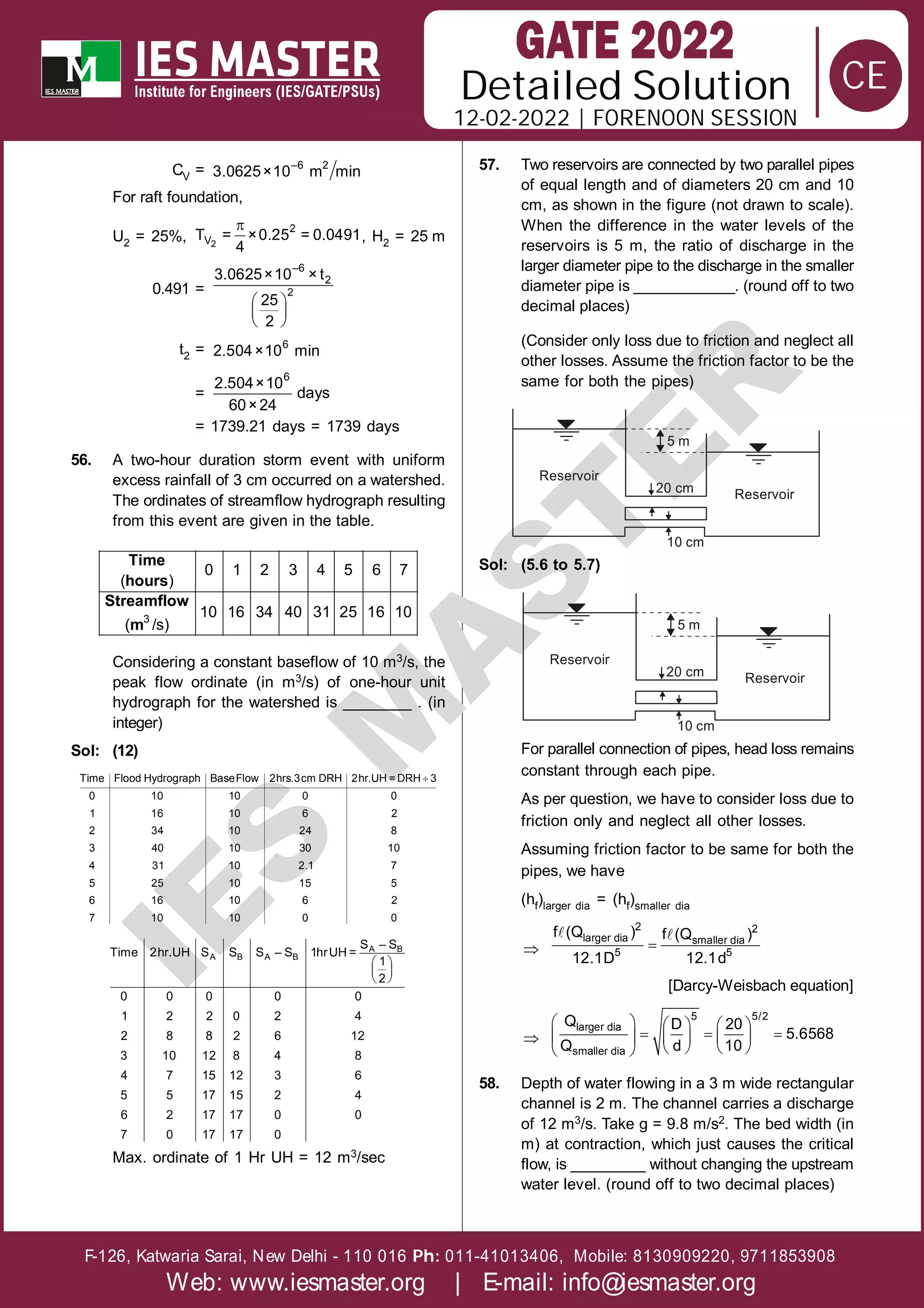 Solution
12-02-2022 | FORENOON SESSION
Detailed
F-126, Katwaria Sarai, New Delhi - 110 016 011-41013406, Mobile: 8130909220, 9711853908
Ph:
Web: www.iesmaster.org | E-mail: info@iesmaster.org
CE
I
E
S
M
A
S
T
E
R
CV = –6 2
3.0625×10 m min
For raft foundation,
U2 = 25%,

2
2
V
T = ×0.25 = 0.0491
4
, H2 = 25 m
0.491 =
 
 
 
–6
2
2
3.0625×10 × t
25
2
t2 = 6
2.504×10 min
=
6
2.504×10
days
60×24
= 1739.21 days = 1739 days
56. A two-hour duration storm event with uniform
excess rainfall of 3 cm occurred on a watershed.
The ordinates of streamflow hydrograph resulting
from this event are given in the table.
3
0 1 2 3 4 5 6 7
( )
10 16 34 40 31 25 16 10
( /s)
Time
hours
Streamflow
m
Considering a constant baseflow of 10 m3/s, the
peak flow ordinate (in m3/s) of one-hour unit
hydrograph for the watershed is ________ . (in
integer)
Sol: (12)

Time Flood Hydrograph BaseFlow 2hrs.3cm DRH 2hr.UH = DRH 3
0 10 10 0 0
1 16 10 6 2
2 34 10 24 8
3 40 10 30 10
4 31 10 2.1 7
5 25 10 15 5
6 16 10 6 2
7 10 10 0 0
 
 
 
A B
A B A B
S – S
Time 2hr.UH S S S – S 1hrUH =
1
2
0 0 0 0 0
1 2 2 0 2 4
2 8 8 2 6 12
3 10 12 8 4 8
4 7 15 12 3 6
5 5 17 15 2 4
6 2 17 17 0 0
7 0 17 17 0
Max. ordinate of 1 Hr UH = 12 m3/sec
57. Two reservoirs are connected by two parallel pipes
of equal length and of diameters 20 cm and 10
cm, as shown in the figure (not drawn to scale).
When the difference in the water levels of the
reservoirs is 5 m, the ratio of discharge in the
larger diameter pipe to the discharge in the smaller
diameter pipe is ____________. (round off to two
decimal places)
(Consider only loss due to friction and neglect all
other losses. Assume the friction factor to be the
same for both the pipes)
Reservoir
20 cm
5 m
Reservoir
10 cm
Sol: (5.6 to 5.7)
Reservoir
20 cm
5 m
Reservoir
10 cm
For parallel connection of pipes, head loss remains
constant through each pipe.
As per question, we have to consider loss due to
friction only and neglect all other losses.
Assuming friction factor to be same for both the
pipes, we have
(hf)larger dia = (hf)smaller dia
 
 
2 2
larger dia smaller dia
5 5
f (Q ) f (Q )
12.1D 12.1d
[Darcy-Weisbach equation]

     
  
     
   
 
5 5/2
larger dia
smaller dia
Q D 20
5.6568
Q d 10
58. Depth of water flowing in a 3 m wide rectangular
channel is 2 m. The channel carries a discharge
of 12 m3/s. Take g = 9.8 m/s2. The bed width (in
m) at contraction, which just causes the critical
flow, is _________ without changing the upstream
water level. (round off to two decimal places)
 