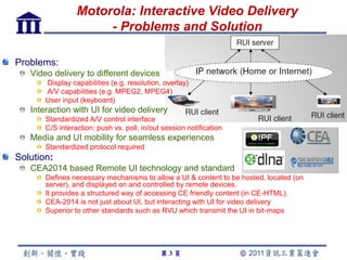 Motorola: Interactive Video Delivery
                      - Problems and Solution

Problems:
   Video delivery to different devices
       Display capabilities (e.g. resolution, overlay)
       A/V capabilities (e.g. MPEG2, MPEG4)
       User input (keyboard)
   Interaction with UI for video delivery
       Standardized A/V control interface
       C/S interaction: push vs. poll, in/out session notification
   Media and UI mobility for seamless experiences
       Standardized protocol required
Solution:
   CEA2014 based Remote UI technology and standard
       Defines necessary mechanisms to allow a UI & content to be hosted, located (on
       server), and displayed on and controlled by remote devices.
       It provides a structured way of accessing CE friendly content (in CE-HTML).
       CEA-2014 is not just about UI, but interacting with UI for video delivery
       Superior to other standards such as RVU which transmit the UI in bit-maps




                                             第3頁
 